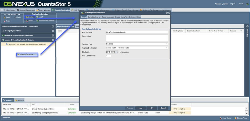 To access this dialog either click Create from the "Replication Schedule" toolbar or right click on left or center panes for "Volume & Share Replication Schedules" and click on Create Schedule...".