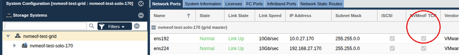 Network Ports list, iSCSI and NVMeoF TCP columns per port