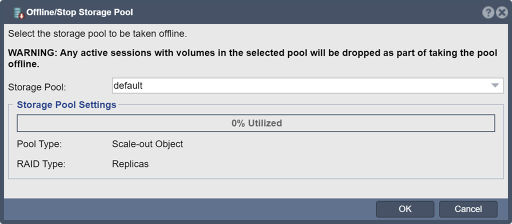 WARNING: Active sessions with volumes in the selected pool will be dropped as a result of taking the pool offline.